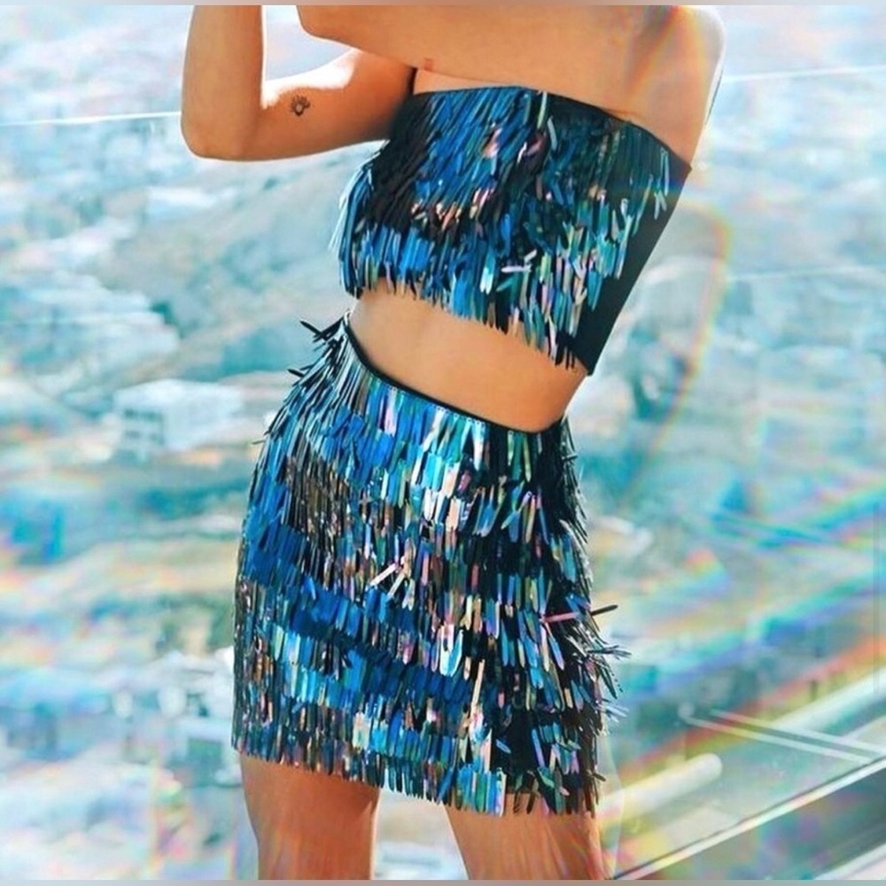 House of Harlow 1960 Iridescent Blue Fringe Skirt Set XXS